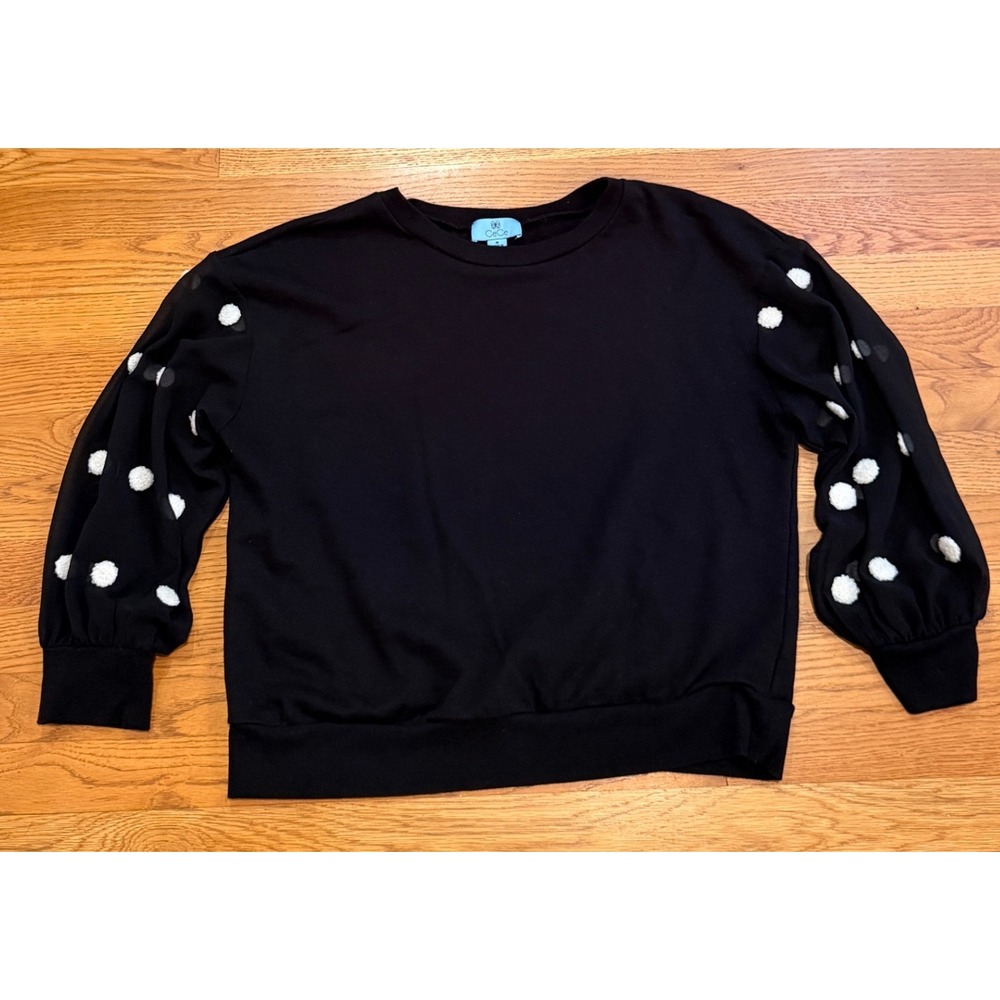 CeCe Black Cotton Sweatshirt Sheer Pom Pom Polka Dot Puff Sleeve Top Size M